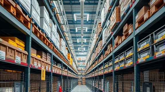 secure storage, methodical, labeling goods, photorealistic, aisles of storage bins and barcode systems, highly detailed, streamlined efficiency, ultra sharp, neutral tones, LED lighting, shot with a 16mm camera lens.