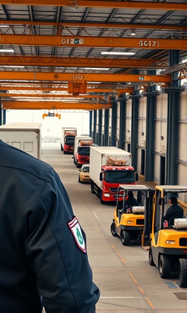 secure logistics, alert, overseeing operations, photorealistic, a loading dock with moving trucks and forklifts, highly detailed, synchronized activity, fine grain, industrial tones, natural light, shot with a 24mm camera lens.