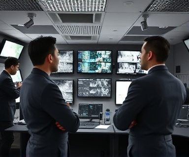 secure facility, confident, interacting with security systems, photorealistic, a control room with multiple monitors and security personnel, highly detailed, technology-driven setting, ultra crisp, black and white, soft overhead lighting, shot with a 85mm camera lens.