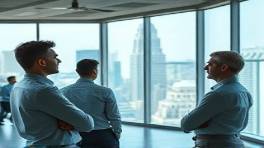 clear mission vision, visionary, looking forward, photorealistic, open office space with large windows showing cityscape, highly detailed, visionary team members deep in thought, ultra-sharp image, cool tones, natural daylight, shot with a 35mm lens
