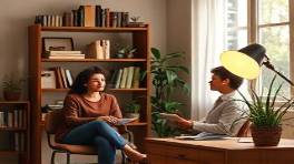 valued mission values, reflective, embodying, photorealistic, cozy office corner with a bookshelf and plants, highly detailed, individuals engaging in dialogue, macro details, earth tones, diffused lighting, shot with a 24mm lens