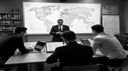 strategic mission strategy, analytical, planning, photorealistic, meeting room with strategic maps and diagrams, highly detailed, professionals brainstorming with laptops, depth of field effects, monochrome, overhead lighting, shot with a 70mm lens