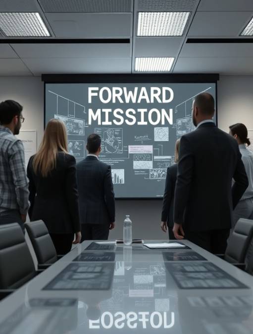 forward-thinking mission goal, resolute, pursuing, photorealistic, modern office with digital whiteboard displays, highly detailed, groups analyzing data insights, fine grain texture, cool grayscale, LED lighting, shot with a 28mm lens